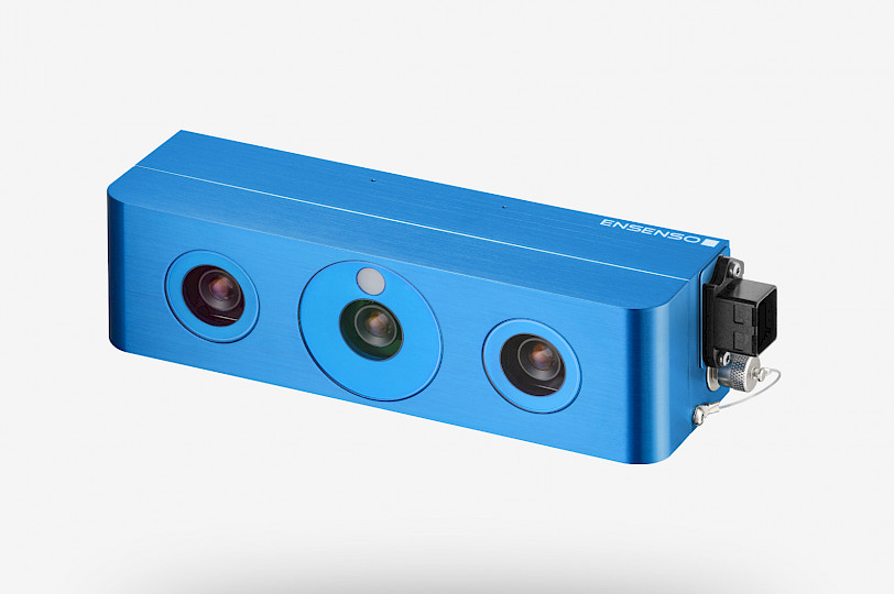 Ensenso N30 | N31 | N35 | N36 3D Kamera mit zwei Kameras und einem Projektor, eingehaust in einem blauen Aluminiumgehäuse. Betrieben mit einem RJ45-Kabel