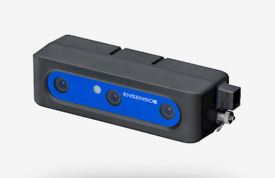 Ensenso N40 | N41 | N45 | N46 3D Kamera mit zwei Kameras und einem Projektor, eingehaust in einem schwarzen pulverbeschichtetem Aluminiumgehäuse, mit blauer Frontscheibe.
